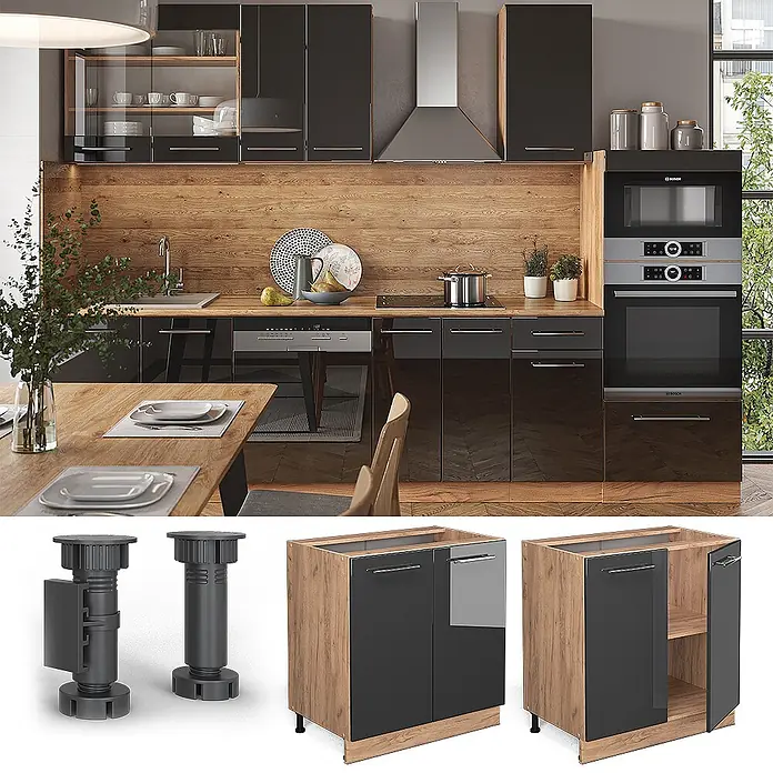 Vicco Schrankküche Fame-Line Anthrazit Hochglanz mit Regal, AP Marmor - Anthrazit Hochglanz, Unterschrank 80 cm, AP Marmor - Moderne Küche mit schwarzen Hochglanzschränken und Holzoptik-Oberflächen, inklusive verstellbarer Nivellierfüße und integrierter Geräte.