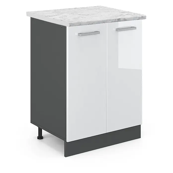 Vicco Schrankküche R-Line Weiß Hochglanz AP Marmor - Weiß Hochglanz, Unterschrank 60 cm, AP Marmor - Weißer Glanz-Zweitürer-Unterschrank mit Marmor-Effekt-Arbeitsplatte, grauen Seiten und silbernen Griffen.