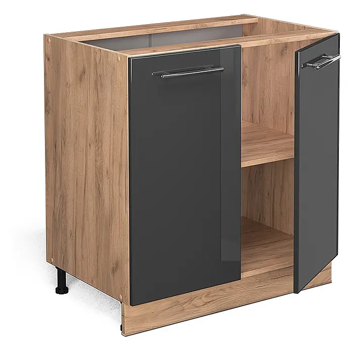 Vicco Schrankküche Fame-Line Anthrazit Hochglanz mit Regal, AP Marmor - Anthrazit Hochglanz, Unterschrank 80 cm, AP Marmor - Eichenholz-Optik Küchenunterschrank mit zwei dunkelgrauen Hochglanztüren, Chromgriffen und einem Einlegeboden.