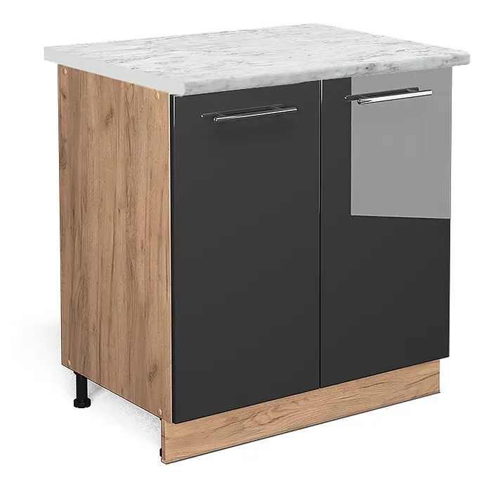 Vicco Schrankküche Fame-Line Anthrazit Hochglanz mit Regal, AP Marmor - Anthrazit Hochglanz, Unterschrank 80 cm, AP Marmor - Zweitüriger Küchenunterschrank mit weißer Marmor-Arbeitsplatte, dunkelgrauen Türen und heller Holzoptik an den Seiten.