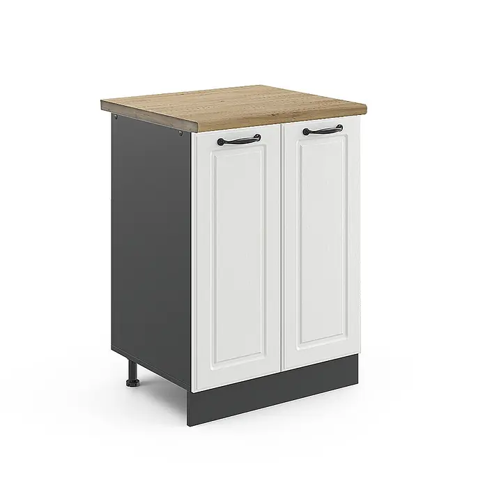 Vicco Schrankküche R-Line Weiß Landhaus, AP Eiche - Weiß Landhaus, Unterschrank 60 cm - Zweitüriger Unterschrank mit weißen Paneeltüren, Holzplatte, dunkelgrauem Korpus, schwarzen Griffen und verstellbaren Füßen.