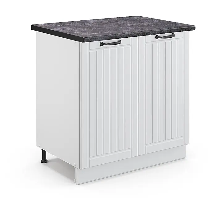 Küchenunterschrank Fame-Line 80 cm Weiß Landhaus Art.-Nr. 46512 -  - Weißer Küchenunterschrank mit geriffelten Türen, schwarzen Griffen und dunkelgrauer Arbeitsplatte.