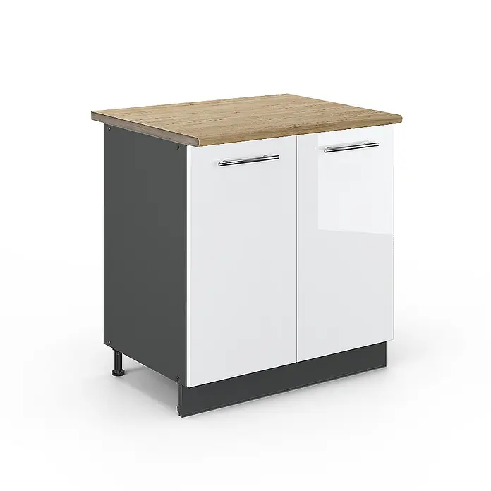 Vicco Schrankküche Fame-Line Weiß Hochglanz mit Regal, AP Eiche - Weiß Hochglanz, Unterschrank 80 cm, AP Eiche - Küchenunterschrank mit Holzplatte, dunkelgrauen Seiten und glänzenden weißen Türen mit Chromgriffen.