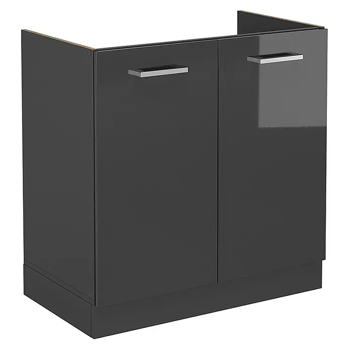Vicco Schrankküche R-Line Anthrazit Hochglanz ohne Arbeitsplatte - Breite: 80 cm, Anthrazit Hochglanz, Spülenunterschrank 80 cm - Anthrazitfarbener Hochglanz-Unterschrank mit zwei Türen und silbernen Griffen.
