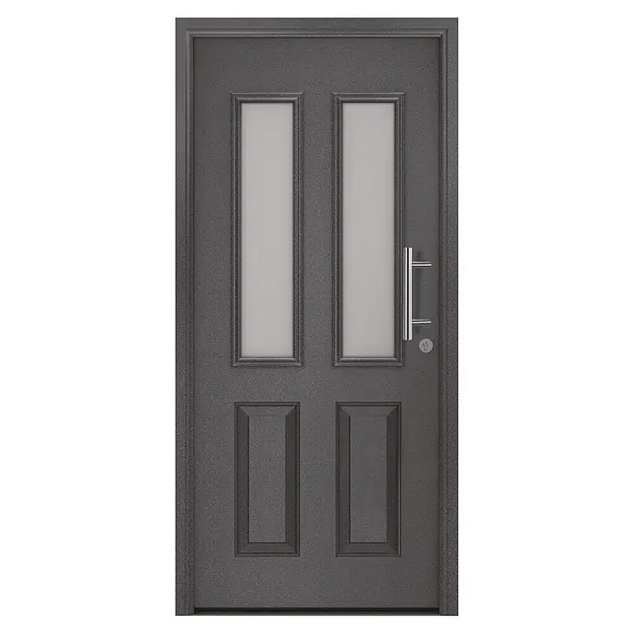 Hörmann EcoStar Haustür ISOPRO Secur IPS 410S - 110 x 210 cm, DIN Anschlag: Rechts, CH 703 Anthrazit Metallic - Dunkelgraue Metalltür mit strukturierter Oberfläche, zwei Milchglasfeldern, zwei geprägten Paneelen und modernem Stangengriff.