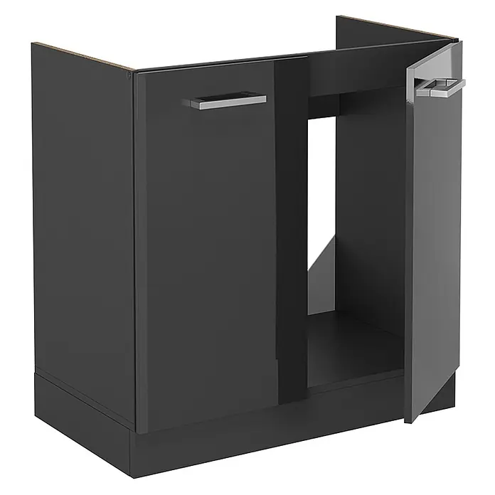 Vicco Schrankküche R-Line Anthrazit Hochglanz ohne Arbeitsplatte - Breite: 80 cm, Anthrazit Hochglanz, Spülenunterschrank 80 cm - Dunkelgrauer Küchenunterschrank mit zwei Türen und einem offenen Fach. Mit silbernen Stangengriffen.