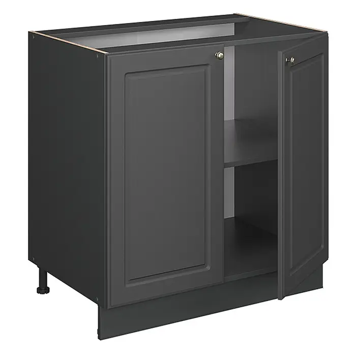 Vicco Küchenunterschrank Fame-Line, Anthrazit-Gold Landhaus/Anthrazit 80 cm -  - Dunkelgrauer Küchenunterschrank mit zwei Kassettentüren, eine offen mit einem Innenregal, und goldfarbenen Griffen. Verstellbare Füße und ein Sockel sind sichtbar.