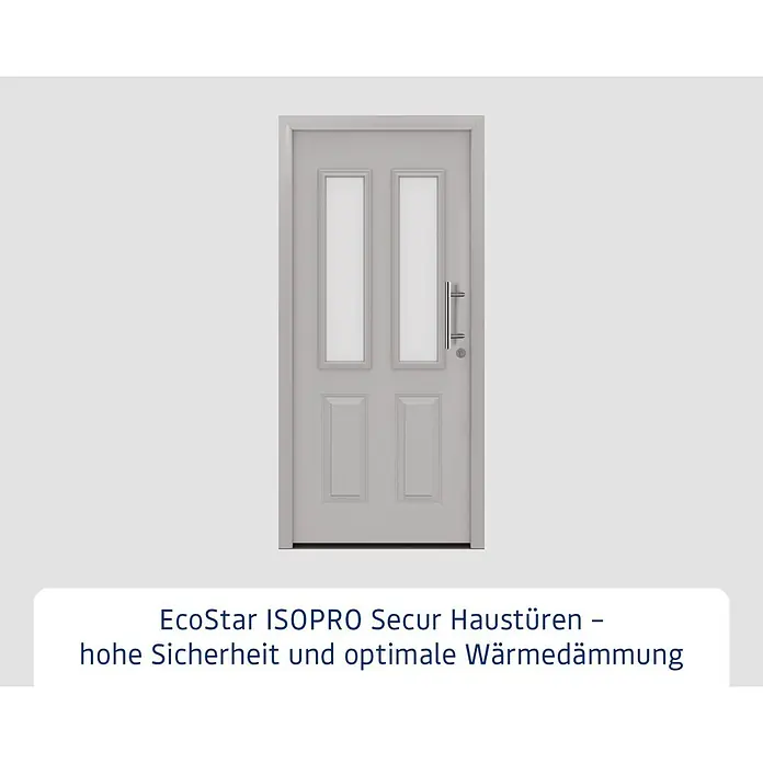 Hörmann EcoStar Haustür ISOPRO Secur IPS 410S - 110 x 210 cm, DIN Anschlag: Rechts, Weißaluminium - Hellgraue Eingangstür mit zwei Glaseinsätzen, zwei unteren Paneelen und silbernem Stangengriff. Bietet hohe Sicherheit und optimale Wärmedämmung.