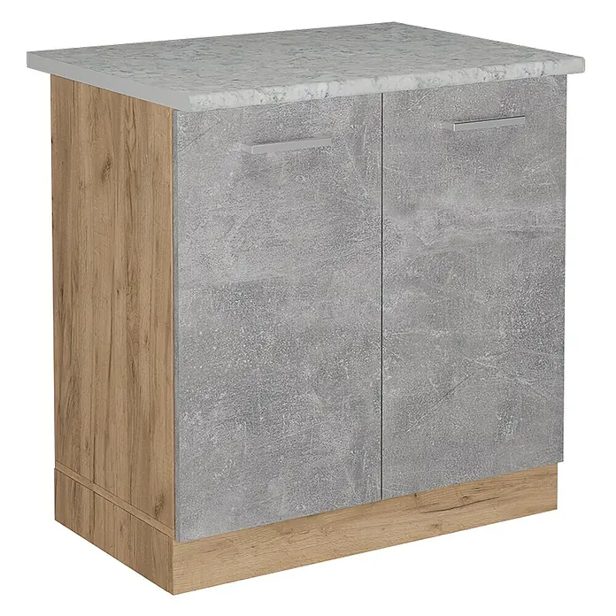 Vicco Schrankküche R-Line Beton AP Marmor - Beton, Spülenunterschrank 80 cm - Unterschrank mit heller Marmor-Arbeitsplatte, zwei grauen Beton-Effekt-Türen und hellen Holz-Effekt-Seitenwänden und Sockel.