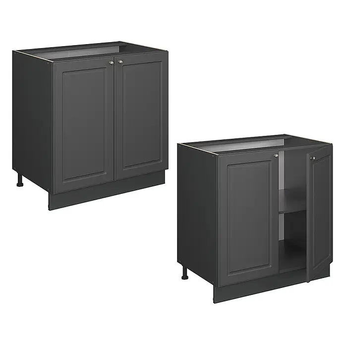 Vicco Küchenunterschrank Fame-Line, Anthrazit-Gold Landhaus/Anthrazit 80 cm -  - Zwei dunkelgraue Küchenunterschränke, einer geschlossen, einer mit offener Tür und Regal. Beide haben Kassettentüren und verstellbare Beine.