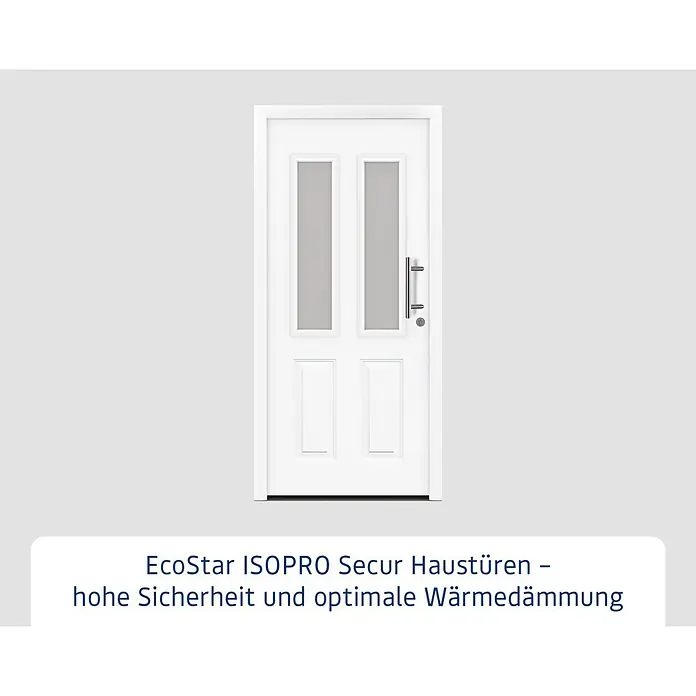 Hörmann EcoStar Haustür ISOPRO Secur IPS 410S - 110 x 210 cm, DIN Anschlag: Rechts, Verkehrsweiß - Weiße EcoStar ISOPRO Secur Haustür mit Glaseinsätzen und silbernem Griff für hohe Sicherheit und optimale Wärmedämmung.