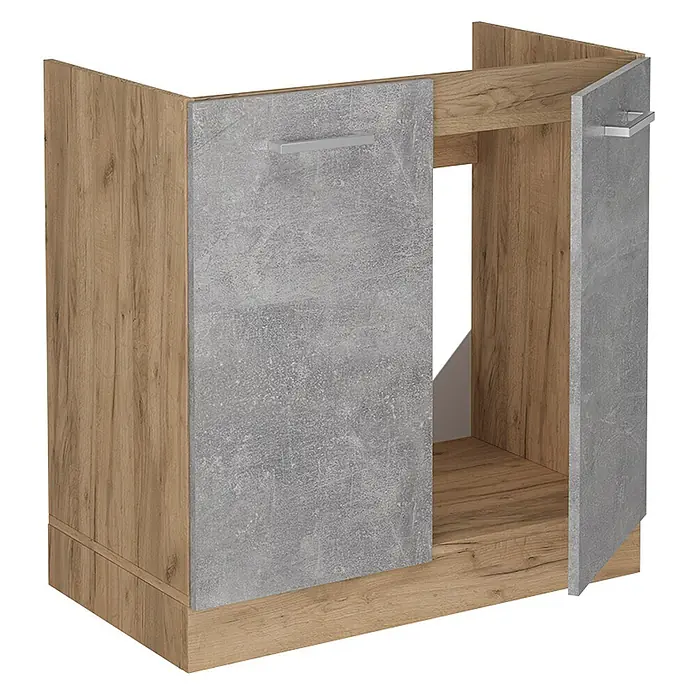 Vicco Schrankküche R-Line Beton, AP Eiche - Beton, Spülenunterschrank 80 cm, AP Eiche - Küchenunterschrank in Eichen- und Betonoptik mit zwei Türen, eine Tür offen, und einem offenen Fach.
