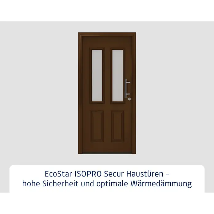 Hörmann EcoStar Haustür ISOPRO Secur IPS 410S - 110 x 210 cm, DIN Anschlag: Rechts, Terrabraun - Braune Haustür mit zwei satinierten Glaseinsätzen und silbernem Stangengriff.