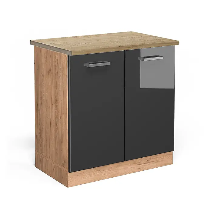Vicco Schrankküche R-Line Anthrazit Hochglanz, AP Eiche - Anthrazit Hochglanz, Spülenunterschrank 80 cm - Zweitüriger Schrank mit heller Holzoptik-Oberfläche, -Seiten und -Sockel, sowie dunkelgrau glänzenden Türen mit Metallgriffen.