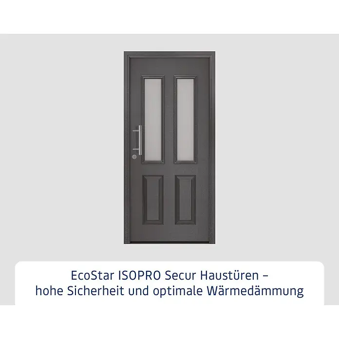Hörmann EcoStar Haustür ISOPRO Secur IPS 410S - 110 x 210 cm, DIN Anschlag: Links, CH 703 Anthrazit Metallic - Dunkelgraue Eingangstür mit zwei vertikalen Milchglasscheiben und zwei geschlossenen Paneelen, mit einem silbernen Stangengriff.