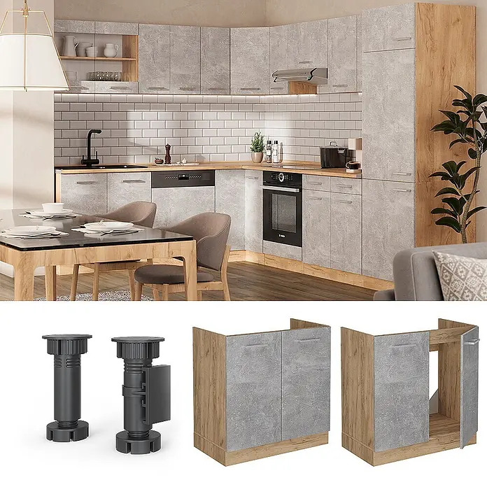 Vicco Schrankküche R-Line Beton, AP Eiche - Beton, Spülenunterschrank 80 cm, AP Eiche - Modernes modulares Küchensystem mit grau strukturierten Schränken, Holzoptik-Paneelen und schwarzen verstellbaren Beinen, in einer Küche dargestellt.