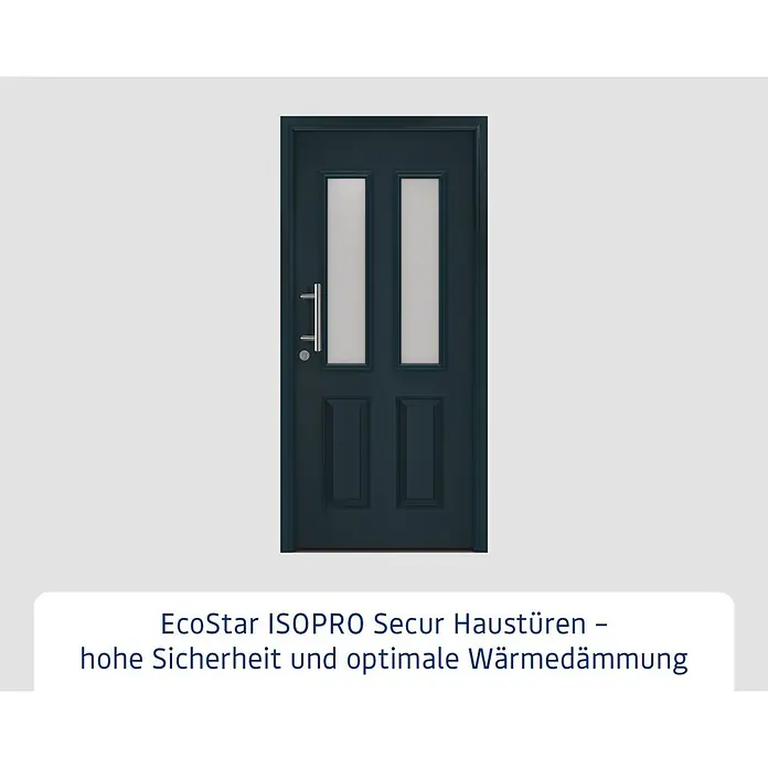 Hörmann EcoStar Haustür ISOPRO Secur IPS 410S - 110 x 210 cm, DIN Anschlag: Links, Anthrazitgrau - Dunkelblaue Eingangstür mit zwei vertikalen Glaseinsätzen, zwei Füllungen und einem Chrom-Stangengriff.