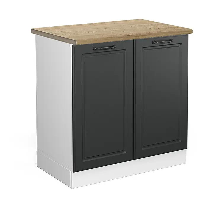 Vicco Schrankküche R-Line Anthrazit Landhaus, AP Eiche - Anthrazit Landhaus, Spülenunterschrank 80 cm, AP Eiche - Zweitüriger Unterschrank mit dunkelgrauen Türen, weißem Korpus und heller Holzplatte, für die Küche.