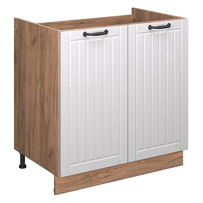 Vicco Schrankküche Fame-Line Weiß Landhaus, AP Anthrazit - Weiß Landhaus, Spülenunterschrank 80 cm, AP Anthrazit - Weißer Küchenunterschrank mit Paneeltüren, schwarzen Griffen und hellen Holz-Effekt-Seiten und Sockel.