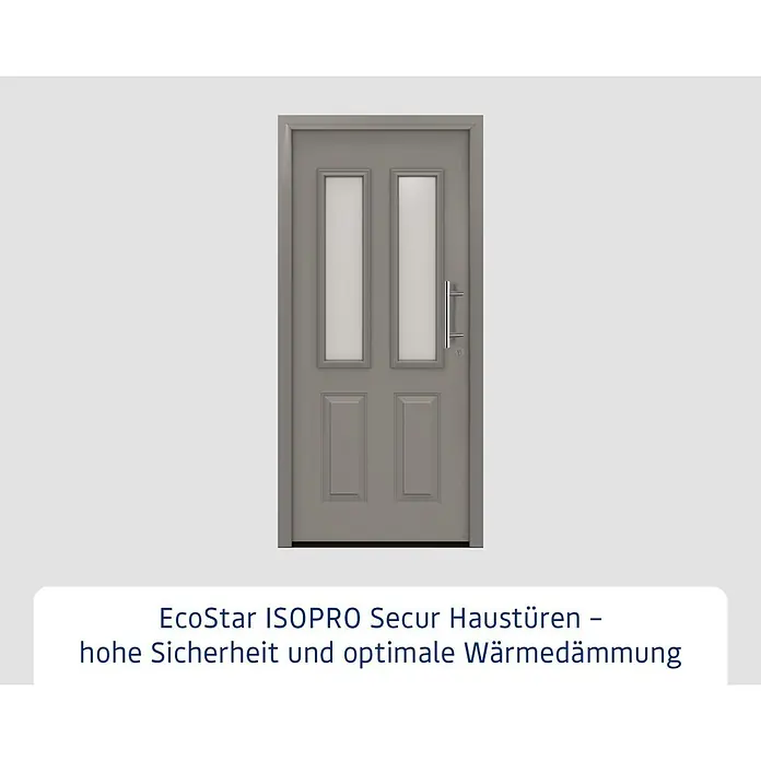 Hörmann EcoStar Haustür ISOPRO Secur IPS 410S - 110 x 210 cm, DIN Anschlag: Rechts, Graualuminium - Graue Haustür mit zwei vertikalen Milchglasfeldern oben und zwei massiven Feldern unten, mit silbernem Stangengriff.