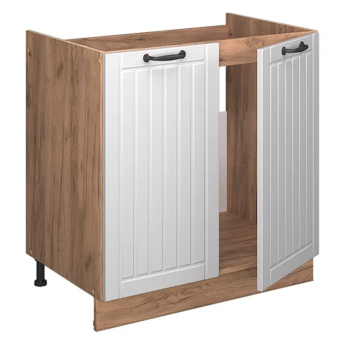 Vicco Schrankküche Fame-Line Weiß Landhaus, AP Anthrazit - Weiß Landhaus, Spülenunterschrank 80 cm, AP Anthrazit - Weißer und holzfarbener Küchenunterschrank mit zwei Türen, eine offen, und schwarzen Griffen.