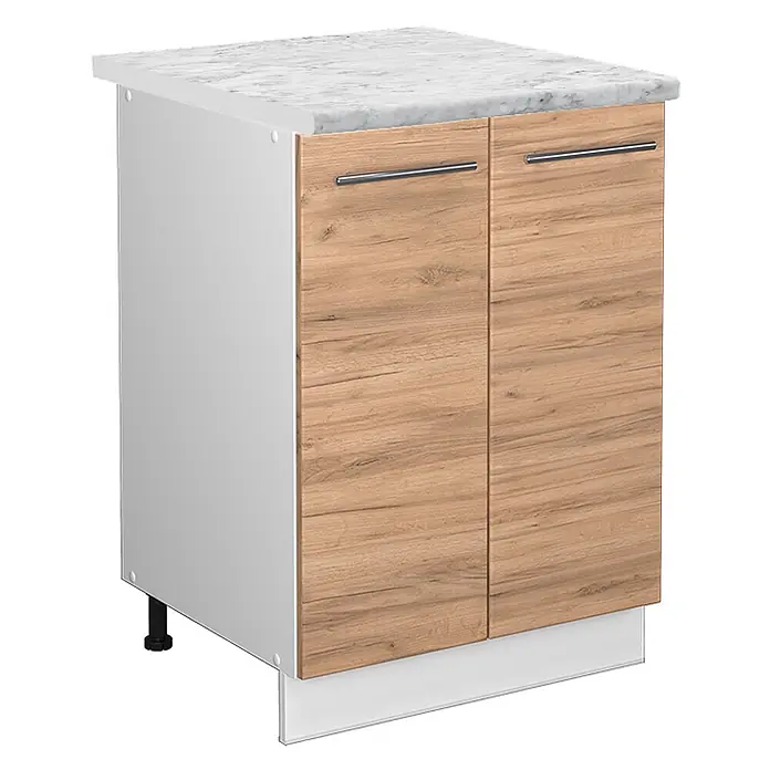 Vicco Schrankküche Fame-Line Goldkraft Eiche, AP Marmor - Goldkraft Eiche, Unterschrank 60 cm, AP Marmor - Weißer Unterschrank mit Marmoroptik-Arbeitsplatte, hellen Holzfronten und Chromgriffen.