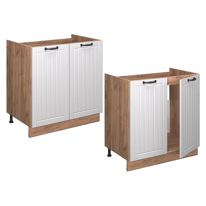 Vicco Schrankküche Fame-Line Weiß Landhaus, AP Anthrazit - Weiß Landhaus, Spülenunterschrank 80 cm, AP Anthrazit - Hölzerner Küchenunterschrank mit hellbraunem Korpus, weißen Lamellentüren und schwarzen Griffen. Ein Schrank zeigt eine offene Tür.