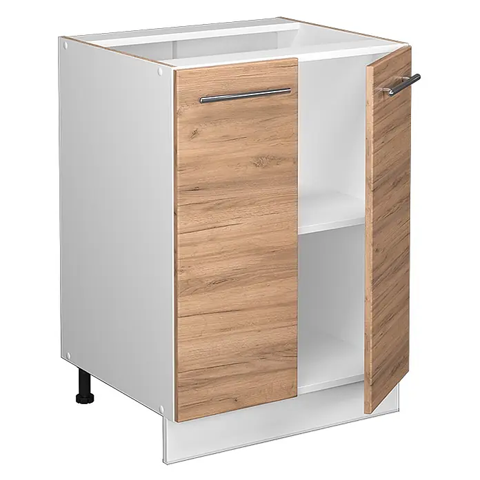 Vicco Schrankküche Fame-Line Goldkraft Eiche ohne Arbeitsplatte - Goldkraft Eiche, Unterschrank 60 cm - Weißer Unterschrank mit zwei hellen Holzoptik-Türen und silbernen Griffen. Eine Tür offen zeigt ein Innenregal und verstellbare Füße.