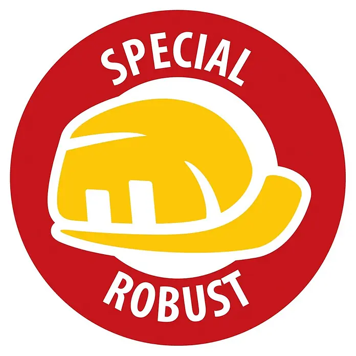 Brennenstuhl Kabeltrommel Automatik mit automatischem Kabelaufroller - Kunststoff, 16 m, H07RN-F, IP44 - Rotes Kreislogo mit gelbem Schutzhelm-Symbol und weißem Text „SPECIAL ROBUST“.