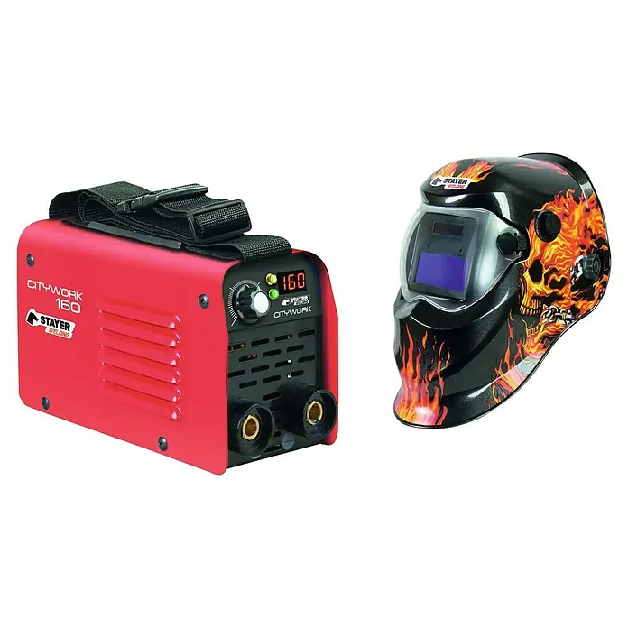 Stayer Citywork Equipo de soldadura de electrodos 160 - Corriente de soldadura: 160 A - Soldadora Citywork 160 y careta de soldadura automática Stayer con diseño de calavera, ideal para soldar con estilo y precisión.