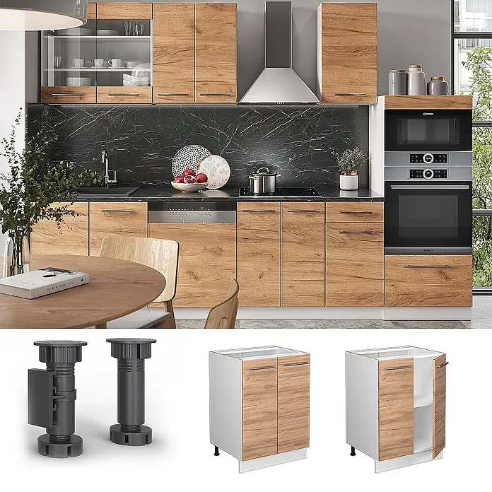 Vicco Schrankküche Fame-Line Goldkraft Eiche, AP Eiche - Goldkraft Eiche, Unterschrank 60 cm, AP Eiche - Moderne Küche mit Holzoptik-Schränken, dunklen Arbeitsplatten und integrierten Geräten.