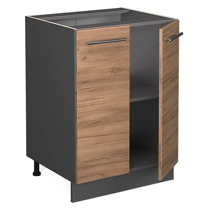 Vicco Schrankküche Fame-Line Goldkraft Eiche ohne Arbeitsplatte - Goldkraft Eiche, Unterschrank 60 cm - Dunkelgrauer Küchenunterschrank mit zwei hellen Holzmaserungstüren, eine offen, mit Ablage. Silberne Griffe.