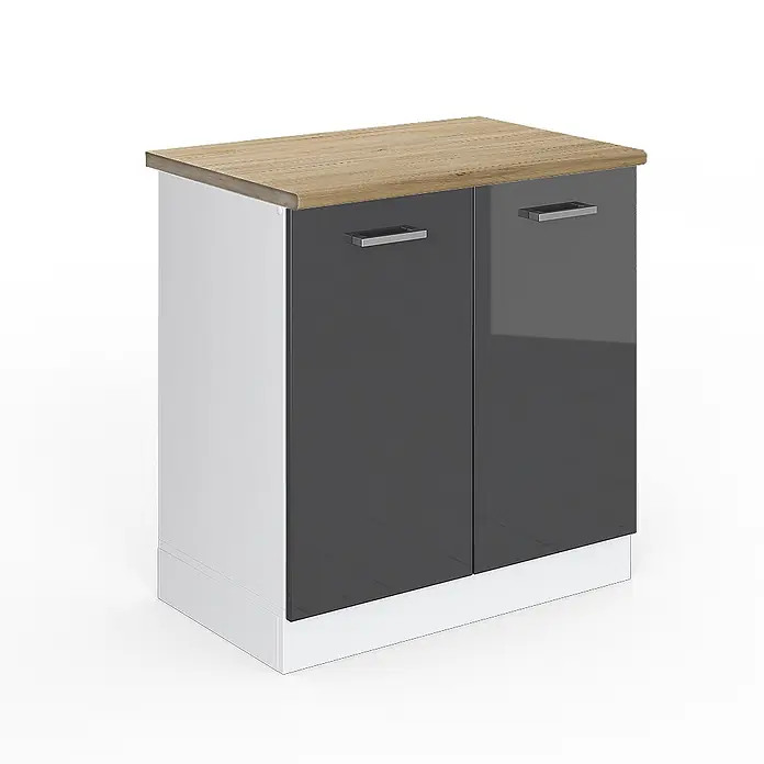 Vicco Schrankküche R-Line Anthrazit Hochglanz, AP Eiche - Anthrazit Hochglanz, Spülenunterschrank 80 cm, AP Eiche - Modernes Zweitürenschrank: helle Holzplatte, weißer Rahmen, glänzend dunkelgraue Türen, silberne Griffe.