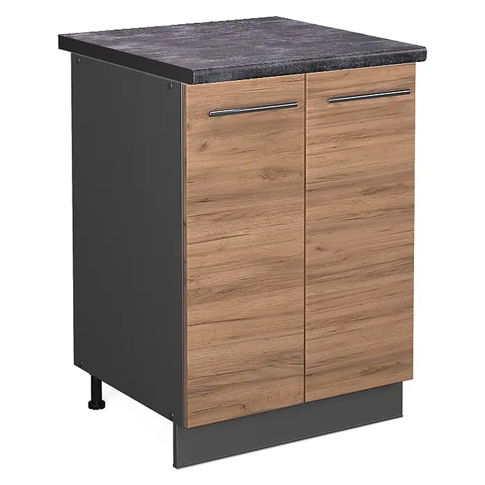 Vicco Schrankküche Fame-Line Goldkraft Eiche, AP Anthrazit - Goldkraft Eiche, Unterschrank 60 cm, AP Anthrazit - Küchenunterschrank mit zwei Holzeffekt-Türen, dunkelgrauer Arbeitsplatte und Sockel.