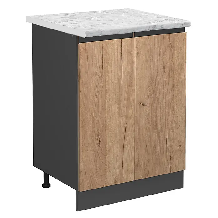 Vicco Schrankküche R-Line Goldkraft Eiche J-Shape AP Marmor - Goldkraft Eiche, Unterschrank 60 cm grifflos - Dunkelgrauer Küchenunterschrank mit zwei hellen Holztüren und weißer Arbeitsplatte in Marmoroptik.