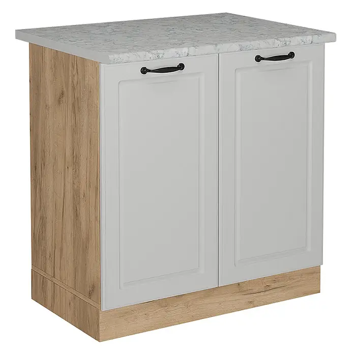 Vicco Schrankküche R-Line Weiß Landhaus AP Marmor - Breite: 80 cm, Weiß Landhaus, Spülenunterschrank 80 cm - Zweitüriger hellgrauer Küchenunterschrank mit schwarzen Griffen, Marmor-Optik Arbeitsplatte und hellen Holzseiten.