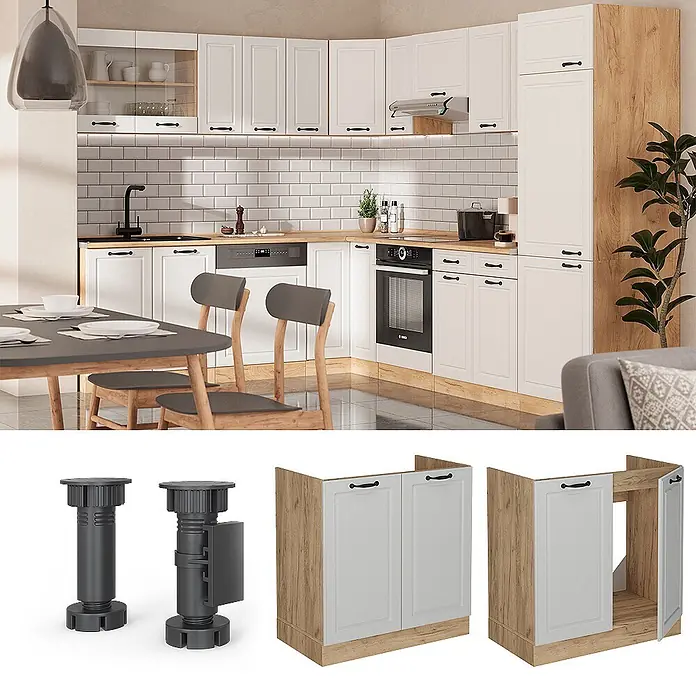 Vicco Schrankküche R-Line Weiß Landhaus ohne Arbeitsplatte - Weiß Landhaus, Spülenunterschrank 80 cm - Moderne Modulküche mit hellgrauen Rahmentüren, Holzoptik-Akzenten und schwarzen Griffen, in einem Wohnambiente gezeigt.