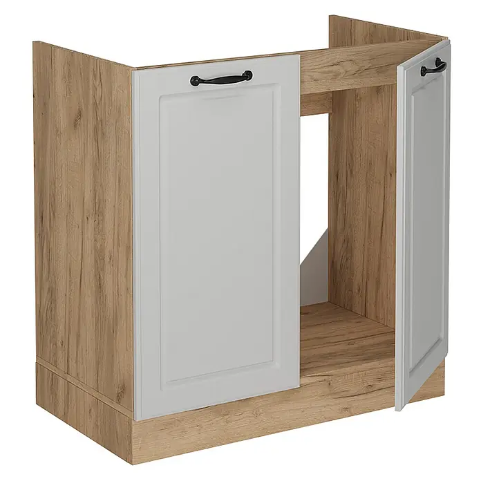 Vicco Schrankküche R-Line Weiß Landhaus ohne Arbeitsplatte - Weiß Landhaus, Spülenunterschrank 80 cm - Küchenunterschrank in heller Holzoptik mit weißen Kassettentüren und schwarzen Griffen, eine Tür offen.