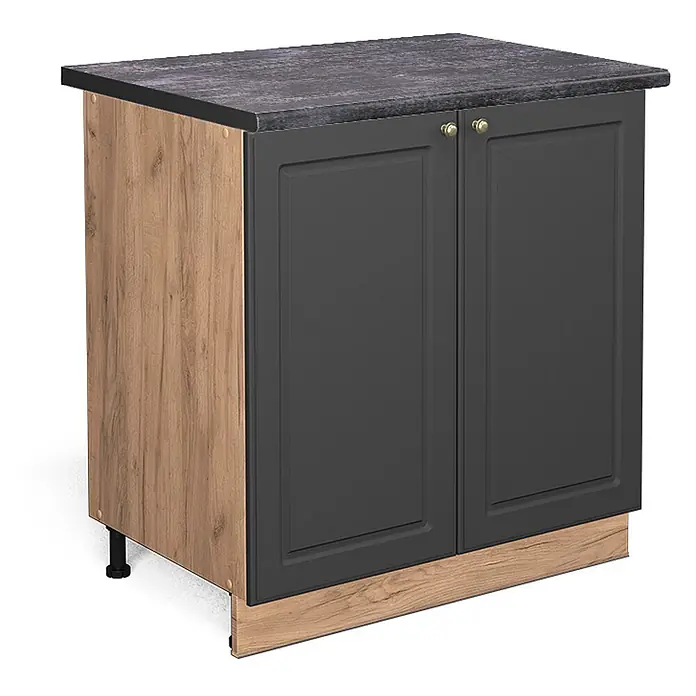 Vicco Schrankküche Fame-Line Anthrazit-Gold mit Regal, AP Anthrazit - Anthrazit-Gold, Unterschrank 80 cm, AP Anthrazit - Zweitüriger Küchenunterschrank mit dunkler Arbeitsplatte, hellen Holzseiten und anthrazitfarbenen Kassettentüren mit Messinggriffen.