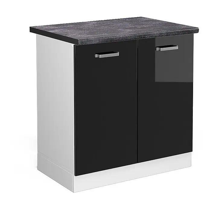 Vicco Spülenunterschrank R-Line, Schwarz Hochglanz, 80 cm -  - Zweitüriger Aufbewahrungsschrank mit dunkler Arbeitsplatte, schwarzen Hochglanztüren und weißem Korpus mit Chromgriffen.