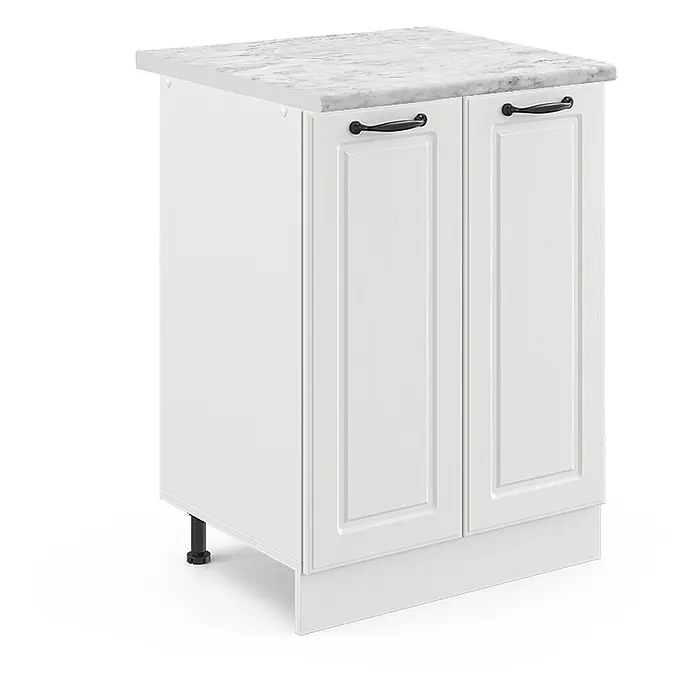 Vicco Schrankküche R-Line Weiß Landhaus, AP Marmor - Weiß Landhaus, Unterschrank 60 cm - Weißer Küchenunterschrank mit Marmoroptik-Arbeitsplatte, zwei Türen und schwarzen Griffen.