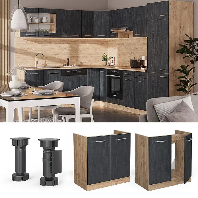 Vicco Schrankküche R-Line Schwarz Beton AP Anthrazit - Schwarz Beton, Spülenunterschrank 80 cm - Modulare Küchenunterschränke in Dunkelgrau mit Holzoptikrahmen, gezeigt mit verstellbaren Füßen.