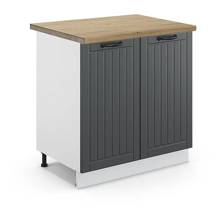 Vicco Schrankküche Fame-Line Anthrazit Landhaus, AP Eiche - Anthrazit Landhaus, Spülenunterschrank 80 cm, AP Eiche - Dunkelgrauer Küchenunterschrank mit zwei Paneeltüren, schwarzen Griffen, heller Holzplatte und weißen Seitenwänden.