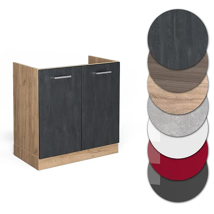 Vicco Schrankküche R-Line Schwarz Beton AP Anthrazit - Schwarz Beton, Spülenunterschrank 80 cm - Zweitüriger Küchenunterschrank mit dunkelgrauen Fronten, Holzdekor-Seiten und verschiedenen Farb-/Materialoptionen.