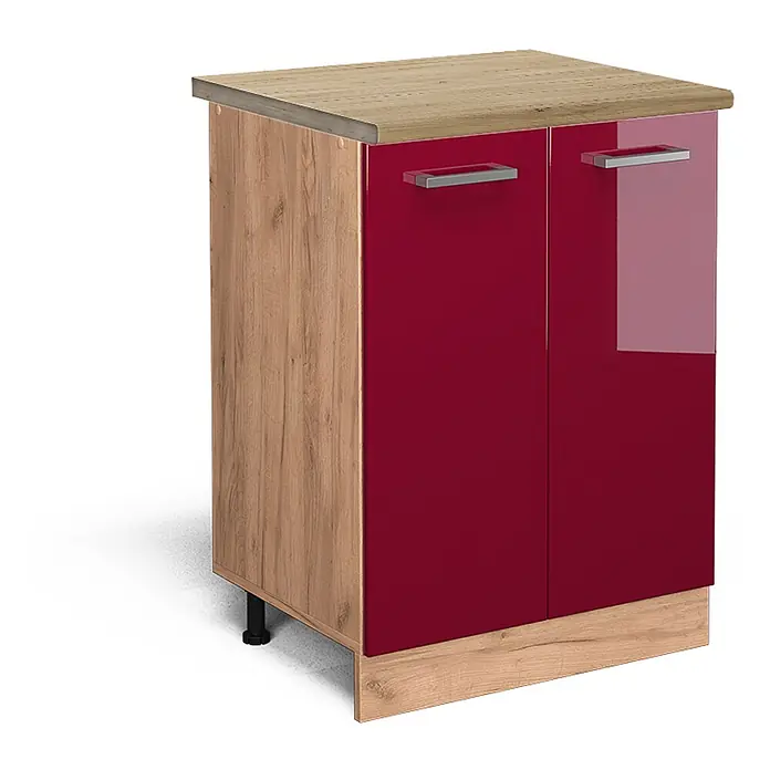 Vicco Schrankküche R-Line Rot Hochglanz, AP Eiche - Rot Hochglanz, Unterschrank 60 cm, AP Eiche - Kompakter Unterschrank mit Holzoptik-Platte/Seiten und zwei hochglänzenden roten Türen mit silbernen Griffen.