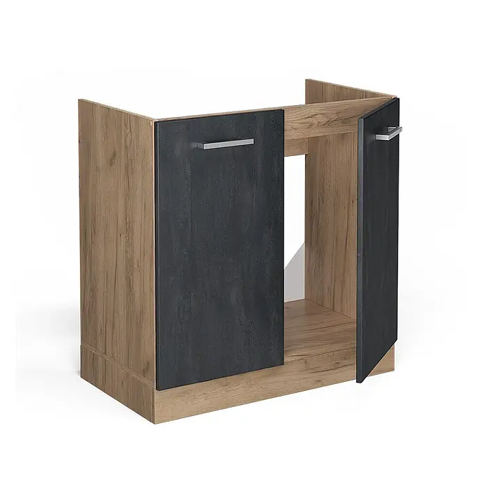 Vicco Schrankküche R-Line Schwarz Beton AP Anthrazit - Schwarz Beton, Spülenunterschrank 80 cm - Holzmaserung Spülenschrank mit dunkelgrauen Türen und Chromgriffen.
