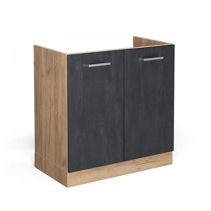 Vicco Schrankküche R-Line Schwarz Beton ohne Arbeitsplatte - Schwarz Beton, Spülenunterschrank 80 cm - Zweitüriger Unterschrank mit dunkelgrauen Türen und hellem Holzdekorrahmen.