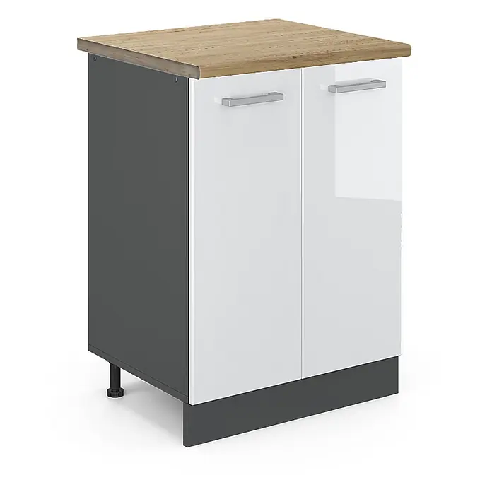 Vicco Schrankküche R-Line Weiß Hochglanz, AP Eiche - Weiß Hochglanz, Unterschrank 60 cm - Kompakter Küchenunterschrank mit Eiche-Effekt-Arbeitsplatte, dunkelgrauem Korpus und zwei glänzenden weißen Türen mit silbernen Griffen.