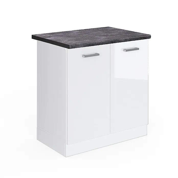 Vicco Schrankküche R-Line Weiß Hochglanz, AP Anthrazit - Weiß Hochglanz, Spülenunterschrank 80 cm - Kompaktschrank weiß Hochglanz, zwei Türen, dunkle Arbeitsplatte mit Textur, silberne Griffe.