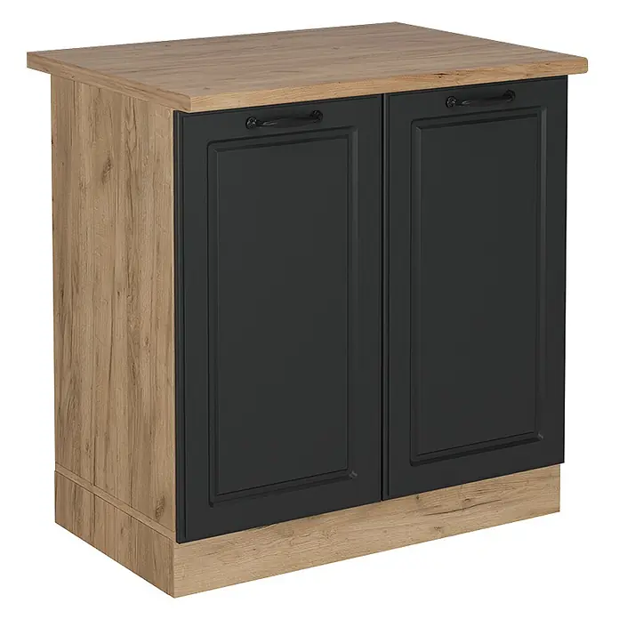 Vicco Schrankküche R-Line Anthrazit Landhaus, AP Eiche - Anthrazit Landhaus, Spülenunterschrank 80 cm - Schrank in Holzoptik mit zwei dunkelgrauen Kassettentüren und schwarzen Griffen.